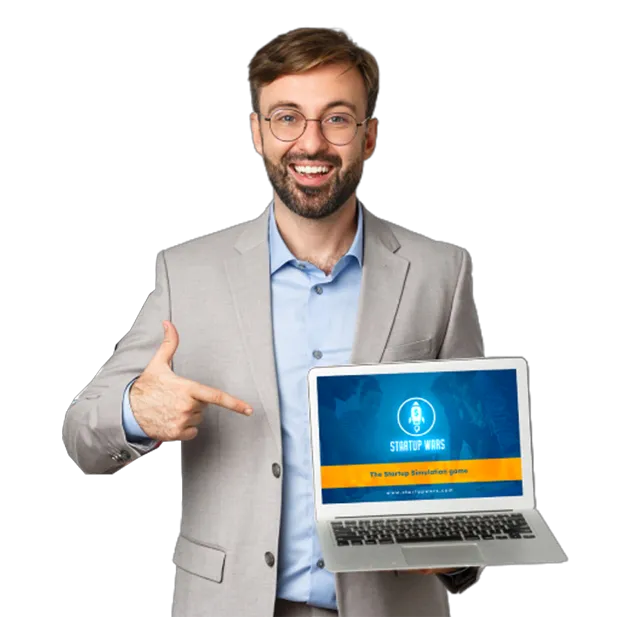 Startup Wars presenter holding a laptop with the entrepreneurship simulation